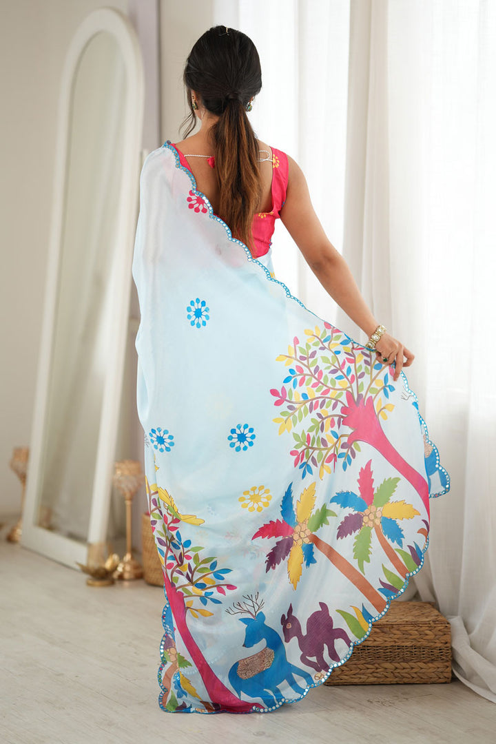 Classic Mirror Cut Work On Sky Blue Chinon Printed Saree | Buy Online India