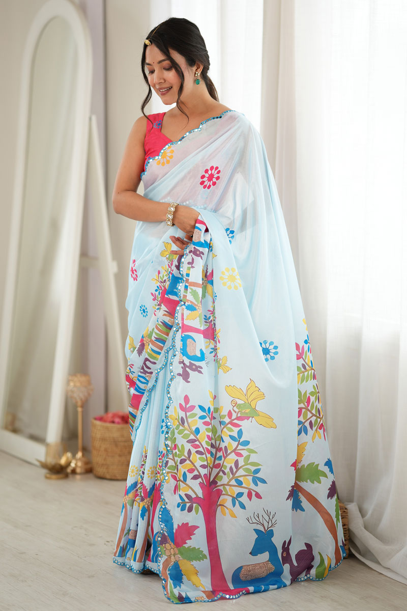 Classic Mirror Cut Work On Sky Blue Chinon Printed Saree | Buy Online India