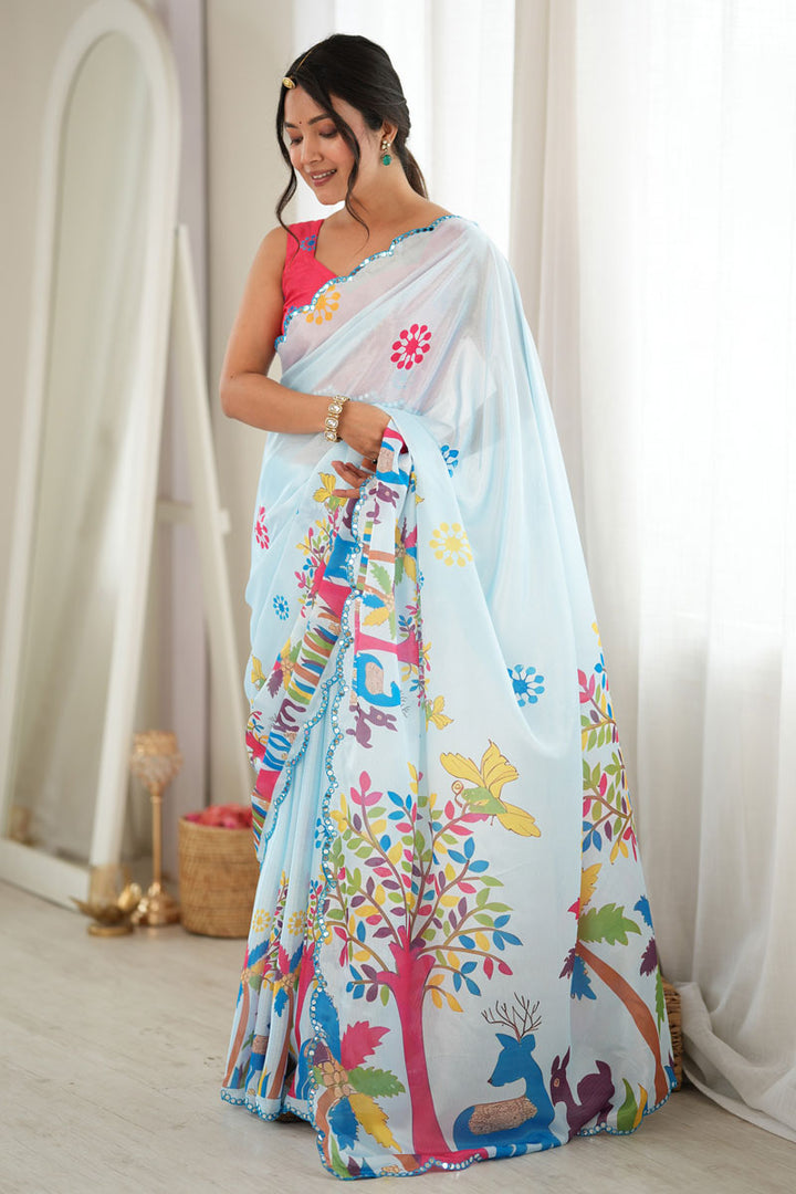 Classic Mirror Cut Work On Sky Blue Chinon Printed Saree | Buy Online India
