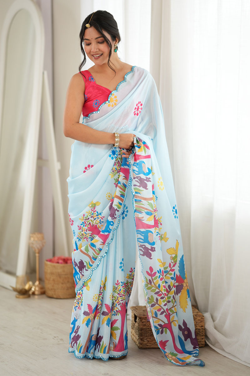 Classic Mirror Cut Work On Sky Blue Chinon Printed Saree | Buy Online India