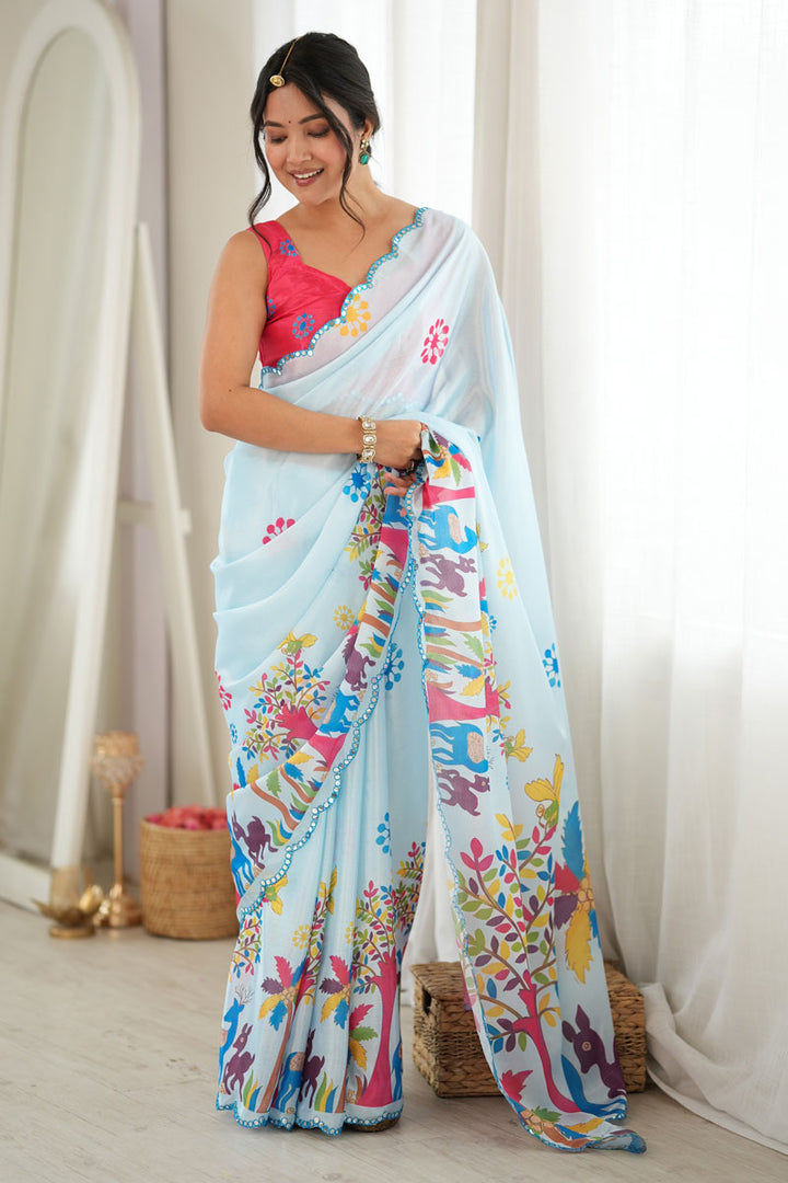 Classic Mirror Cut Work On Sky Blue Chinon Printed Saree | Buy Online India