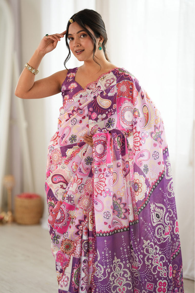 Chinon Printed Purple Saree With Mirror Cut Work | Buy Online India