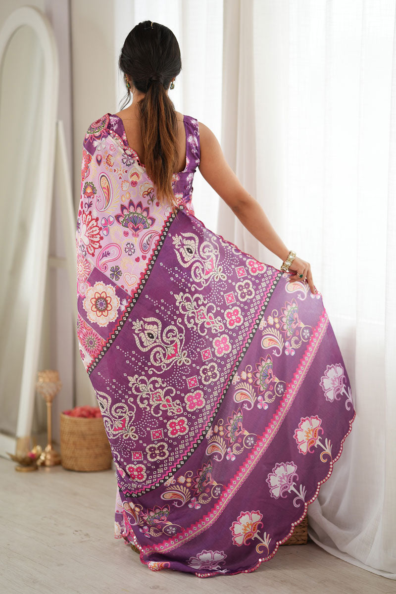 Chinon Printed Purple Saree With Mirror Cut Work | Buy Online India