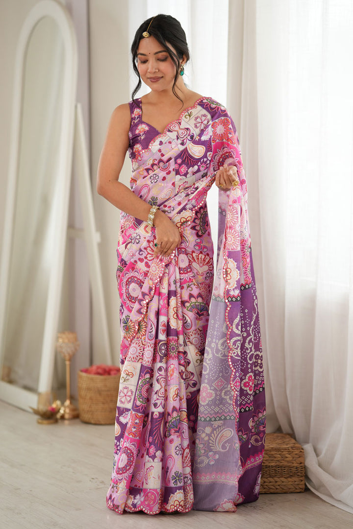 Chinon Printed Purple Saree With Mirror Cut Work | Buy Online India