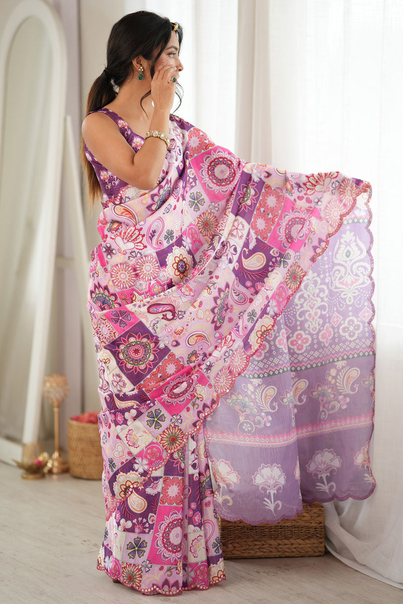 Chinon Printed Purple Saree With Mirror Cut Work | Buy Online India