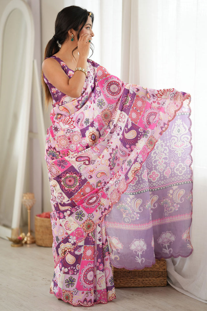 Chinon Printed Purple Saree With Mirror Cut Work | Buy Online India