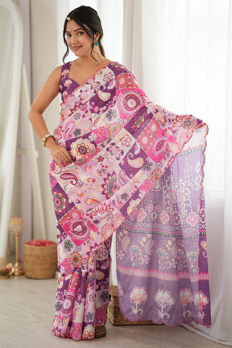 Chinon Printed Purple Saree With Mirror Cut Work | Buy Online India