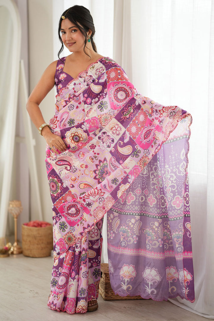 Chinon Printed Purple Saree With Mirror Cut Work | Buy Online India