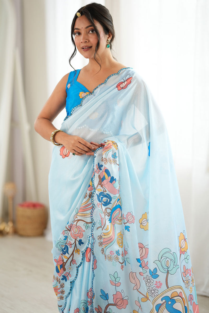 Creative Mirror Cut Cyan Color Chinon Printed Saree | Buy Online India