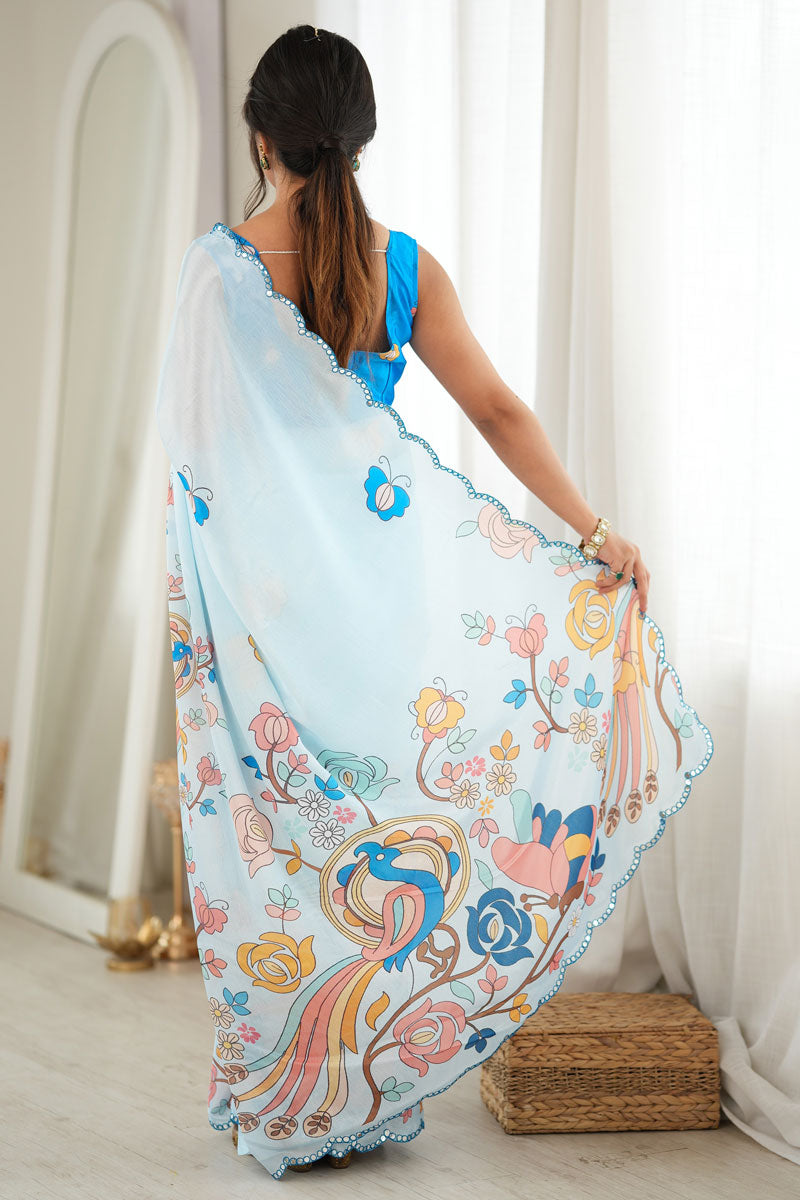 Creative Mirror Cut Cyan Color Chinon Printed Saree | Buy Online India