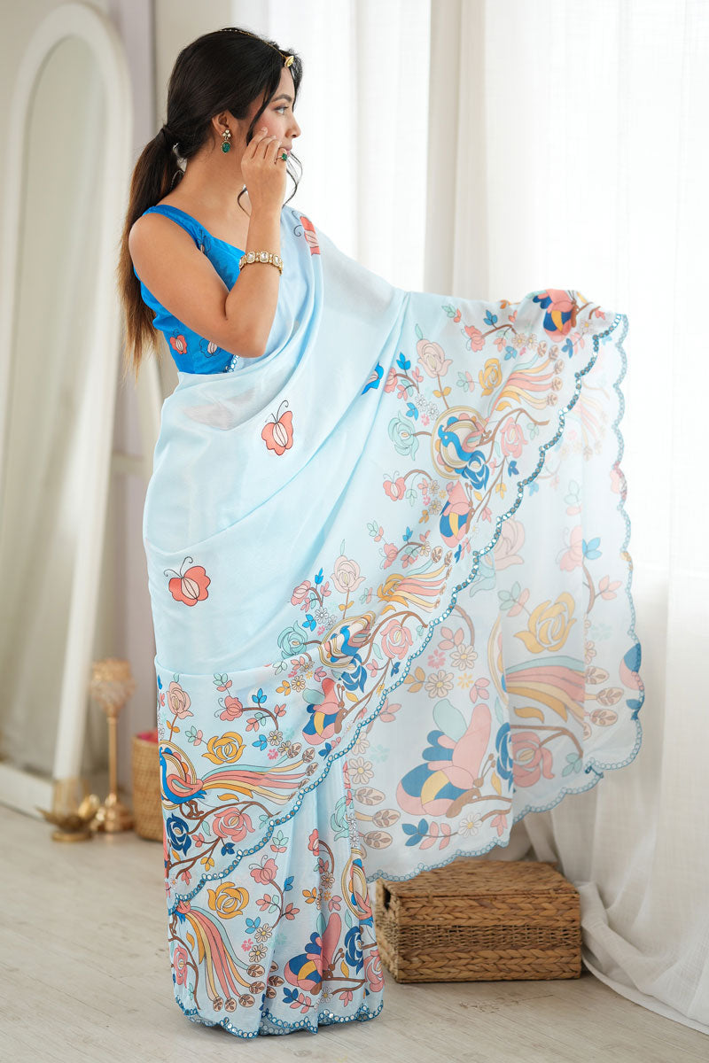Creative Mirror Cut Cyan Color Chinon Printed Saree | Buy Online India