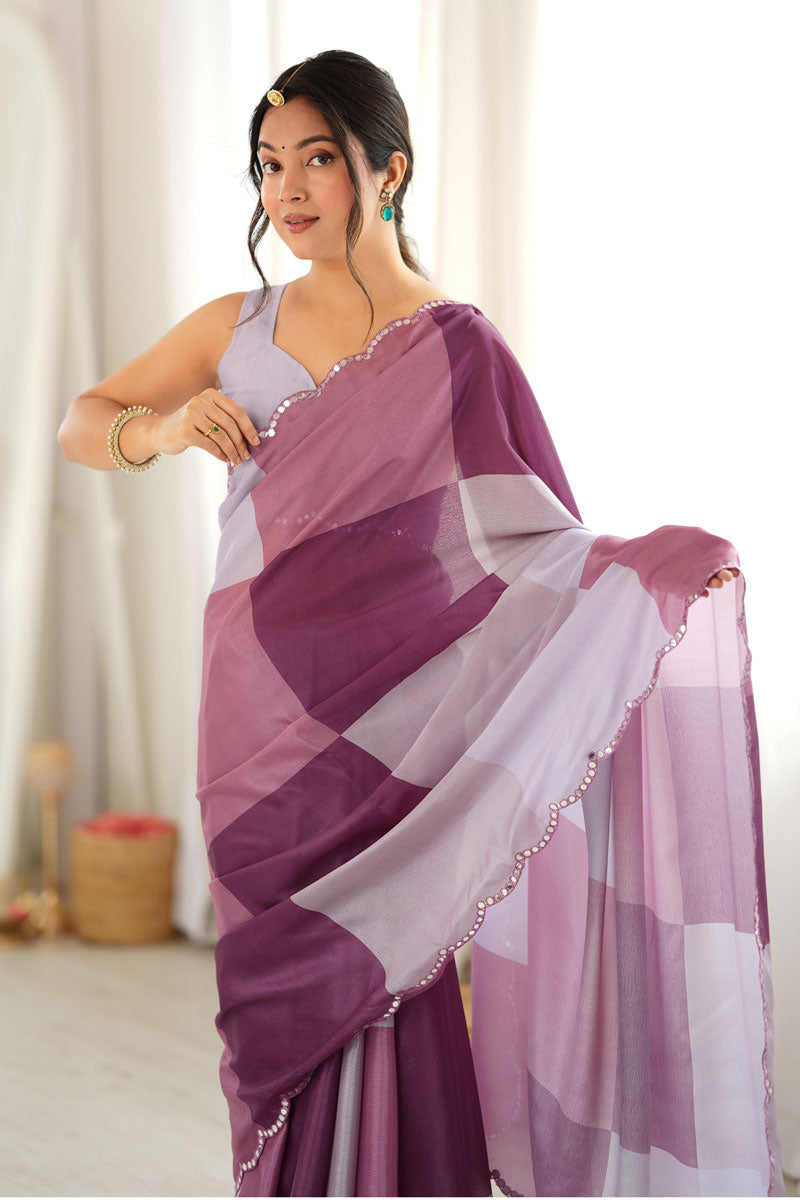 Mirror Cut Work On Chinon Printed Saree In Multi Color | Buy Online India