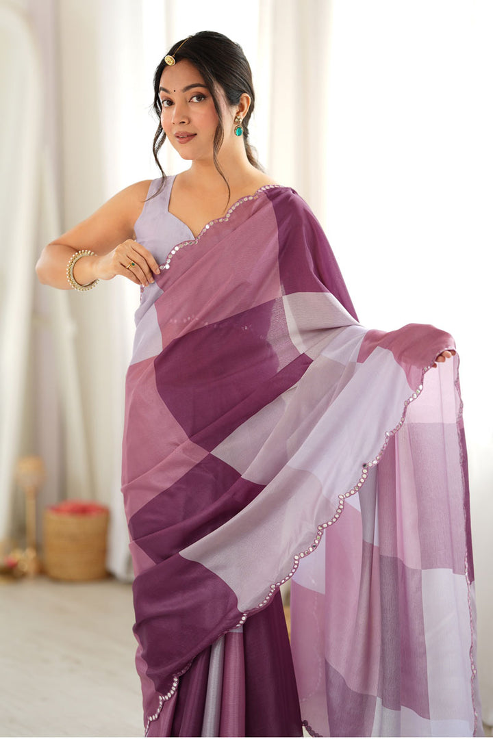 Mirror Cut Work On Chinon Printed Saree In Multi Color | Buy Online India