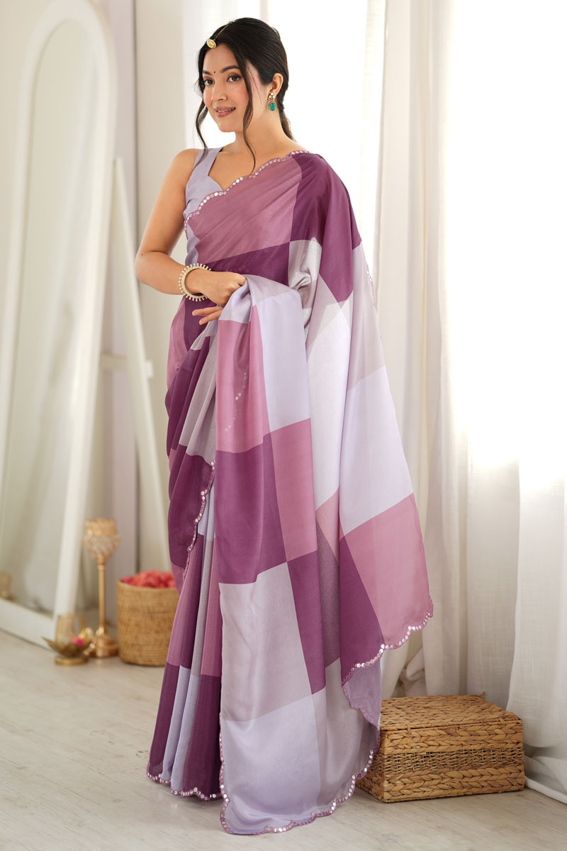 Mirror Cut Work On Chinon Printed Saree In Multi Color | Buy Online India