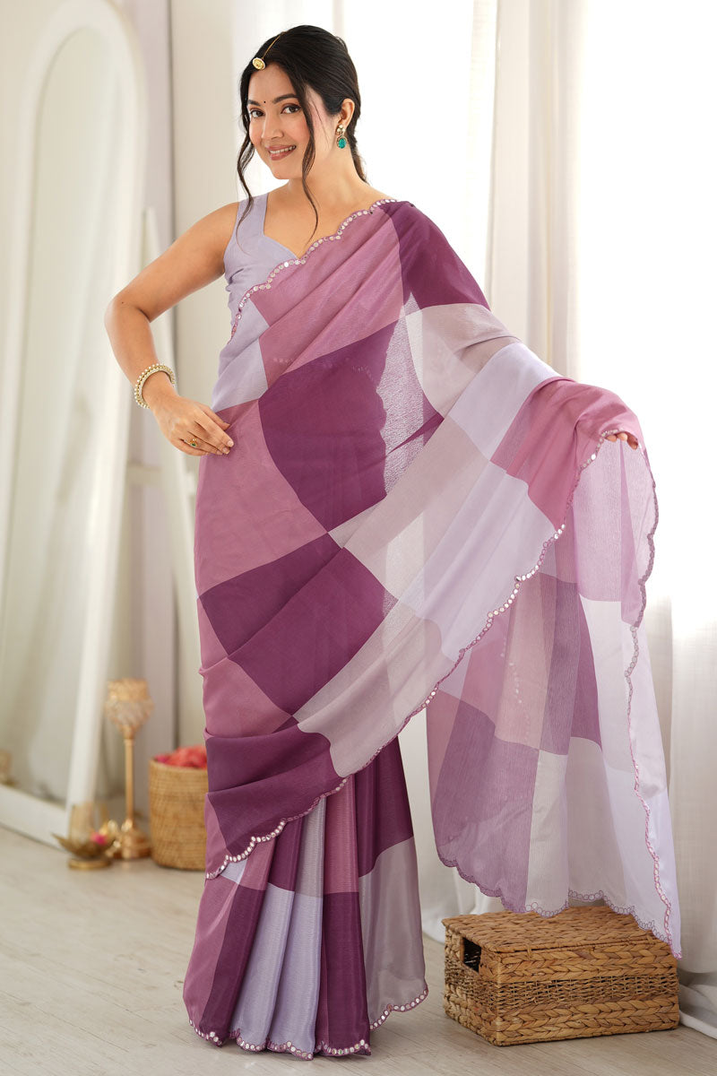Mirror Cut Work On Chinon Printed Saree In Multi Color | Buy Online India