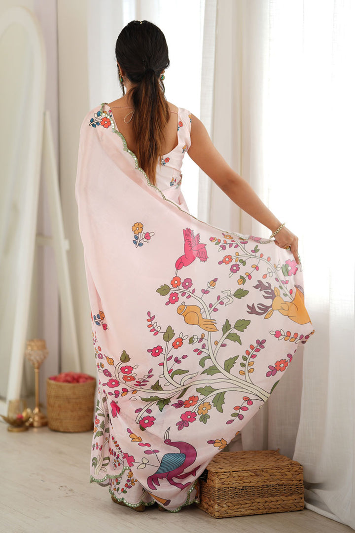 Amazing Cream Color Chinon Mirror Cut Printed Saree | Buy Online India