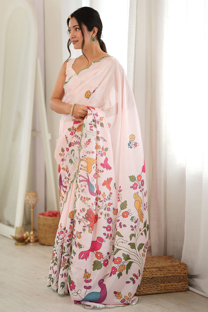 Amazing Cream Color Chinon Mirror Cut Printed Saree | Buy Online India