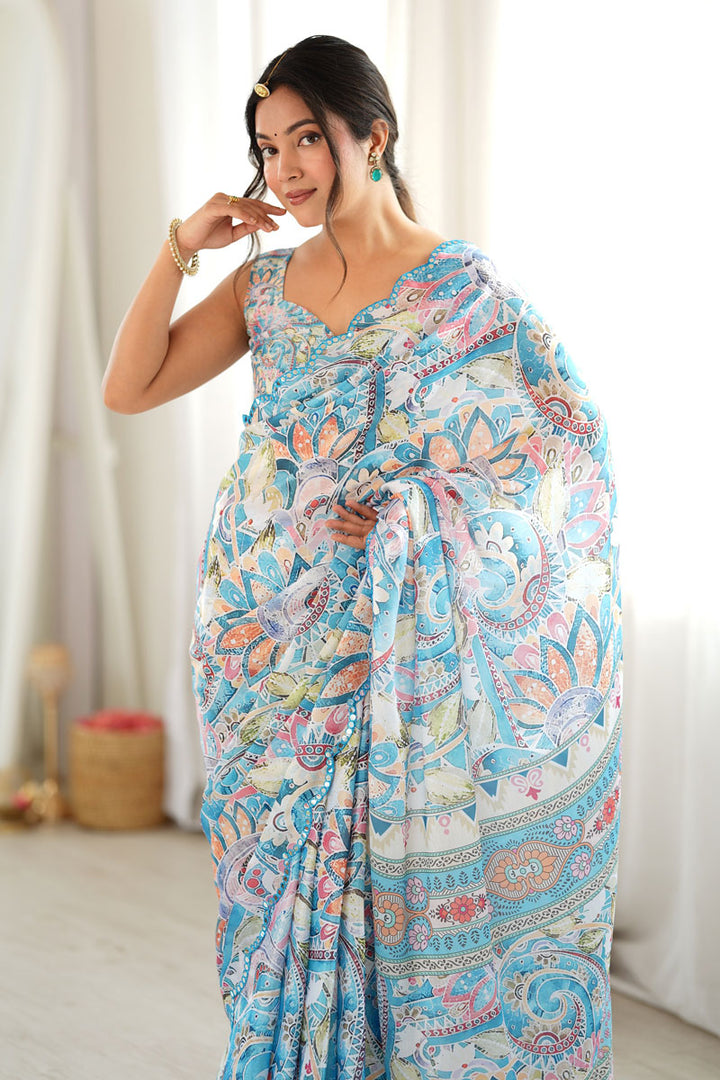 Solid Chinon Printed Mirror Cut Work On Saree In Sky Blue Color | Buy Online India