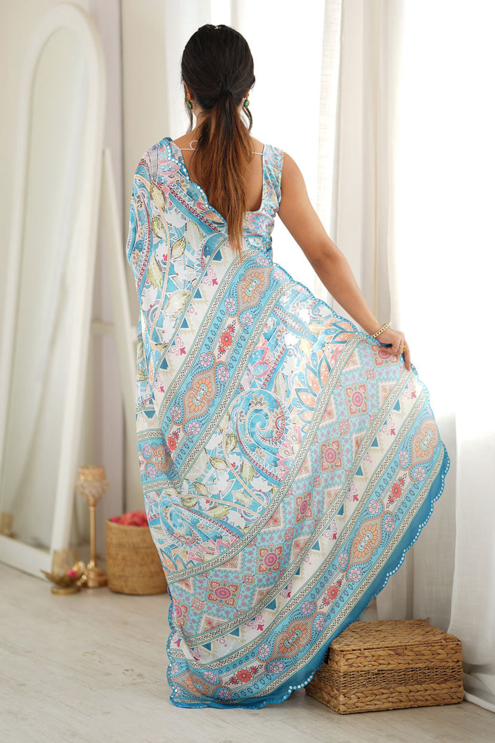 Solid Chinon Printed Mirror Cut Work On Saree In Sky Blue Color | Buy Online India