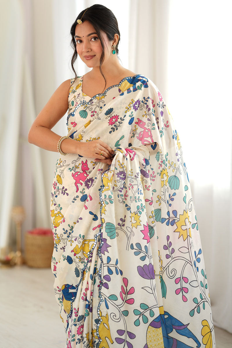 Mirror Cut Work Off White Chinon Printed Saree | Buy Online India