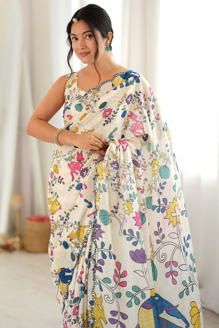 Mirror Cut Work Off White Chinon Printed Saree | Buy Online India