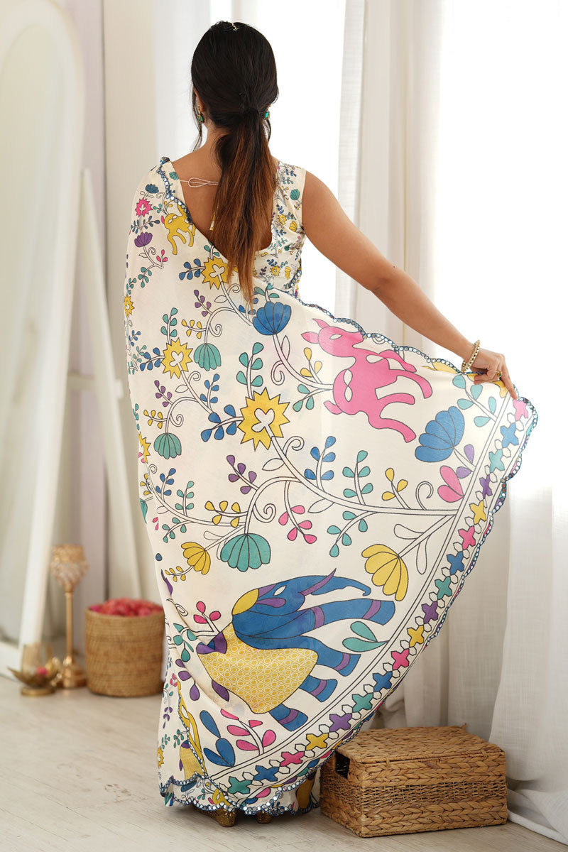 Mirror Cut Work Off White Chinon Printed Saree | Buy Online India
