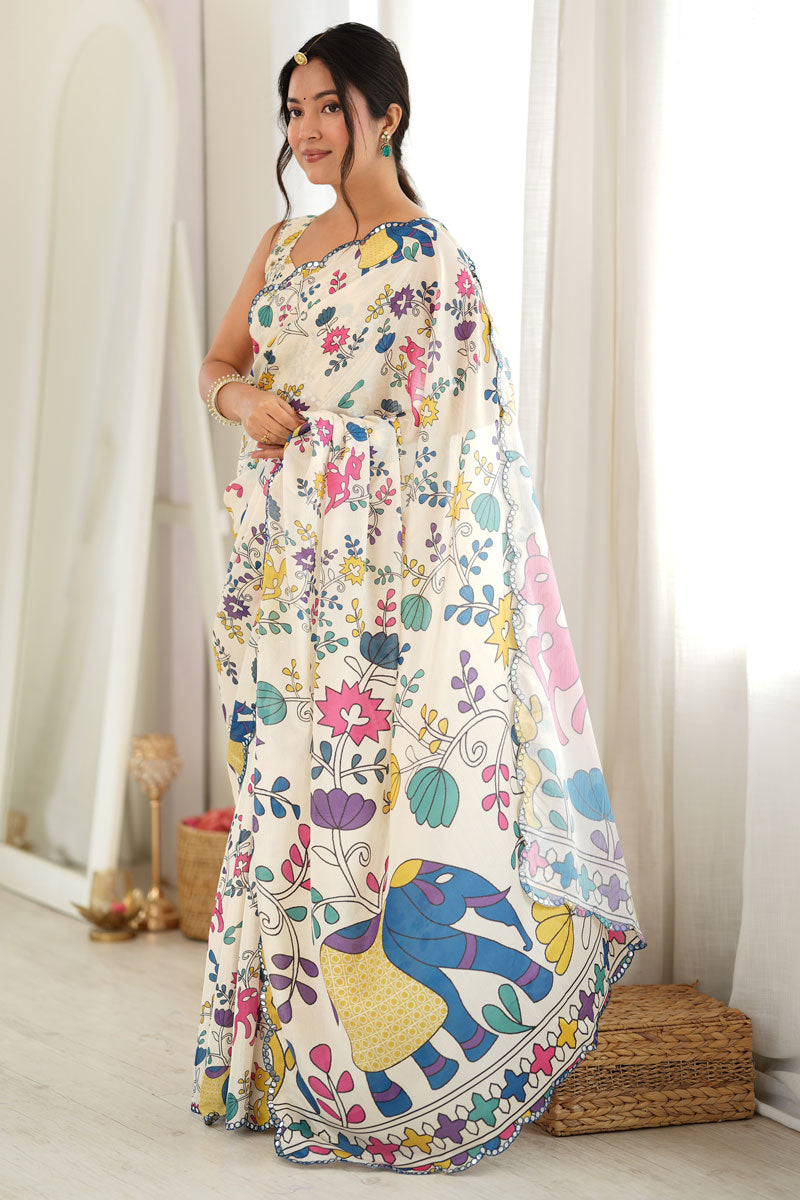Mirror Cut Work Off White Chinon Printed Saree | Buy Online India