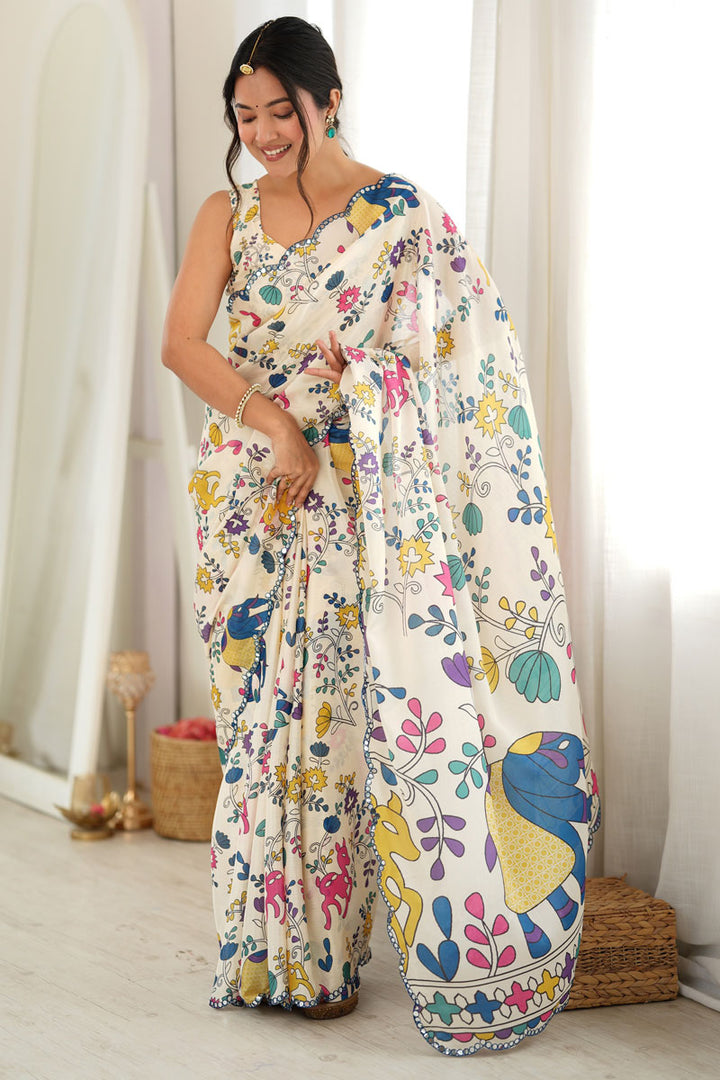 Mirror Cut Work Off White Chinon Printed Saree | Buy Online India