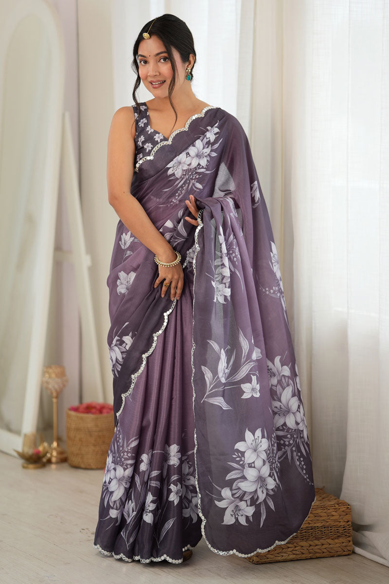 Sober Lavender Color Chinon Printed Saree With Mirror Cut Work | Buy Online India