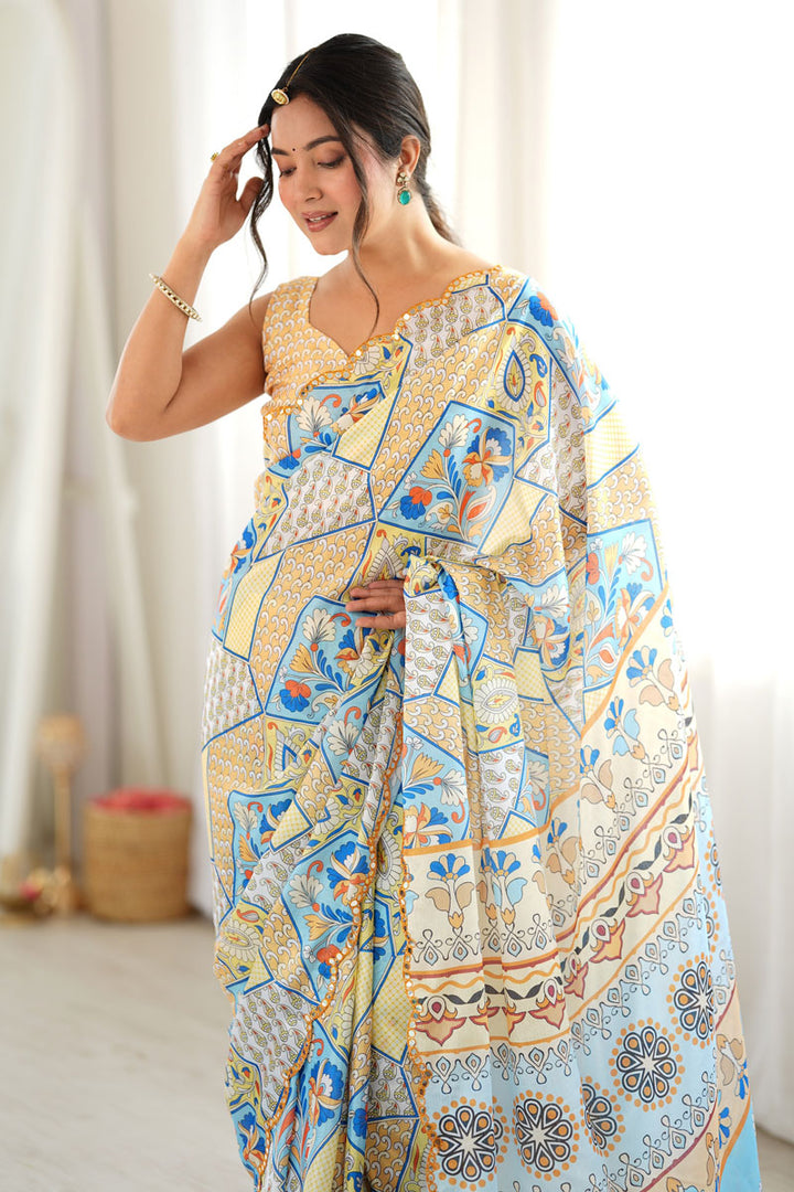 Off White Mirror Cut Work Engaging Chinon Printed Saree | Buy Online India