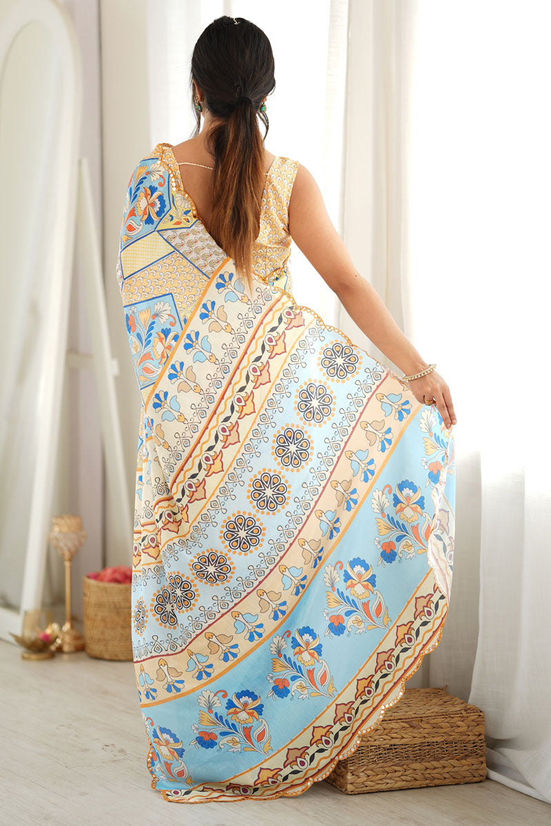 Off White Mirror Cut Work Engaging Chinon Printed Saree | Buy Online India