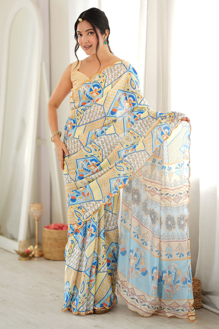 Off White Mirror Cut Work Engaging Chinon Printed Saree | Buy Online India