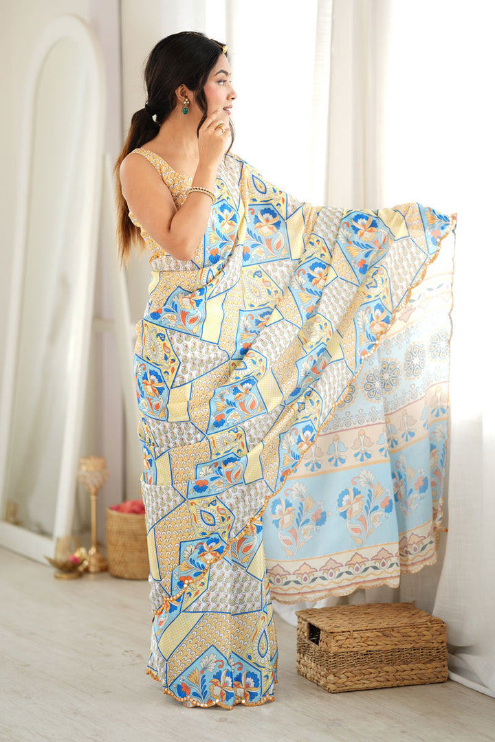 Off White Mirror Cut Work Engaging Chinon Printed Saree | Buy Online India