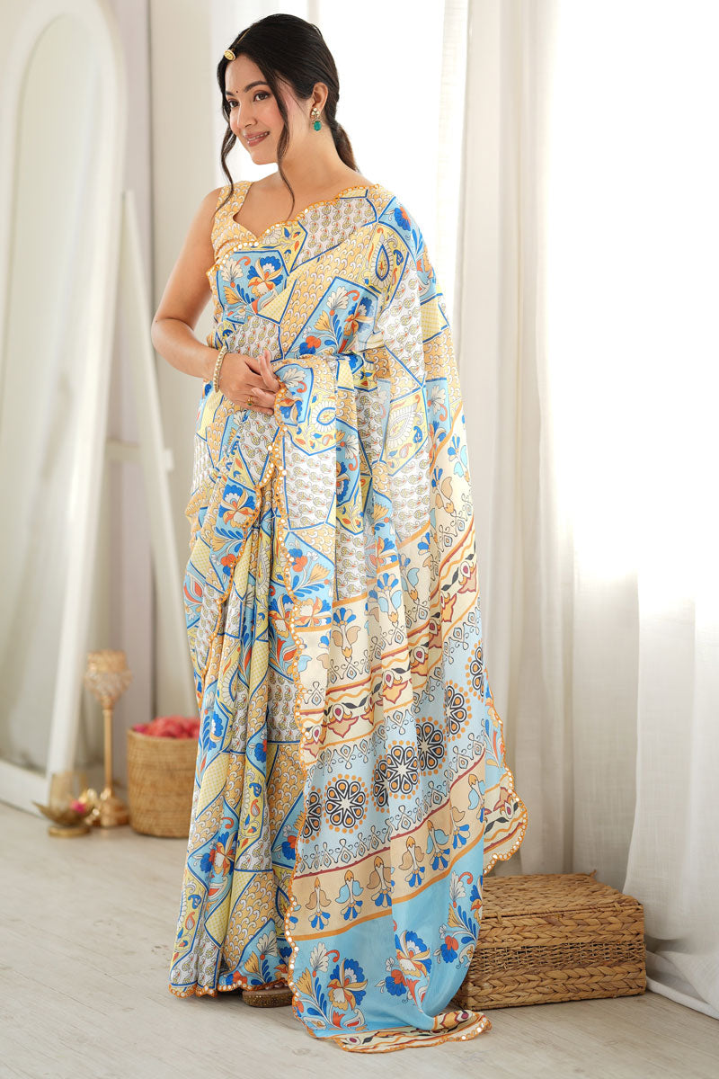 Off White Mirror Cut Work Engaging Chinon Printed Saree | Buy Online India