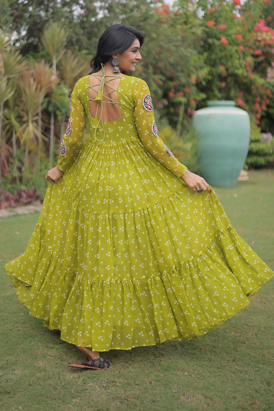 Trendy Green Color Navratri Special Georgette Gown