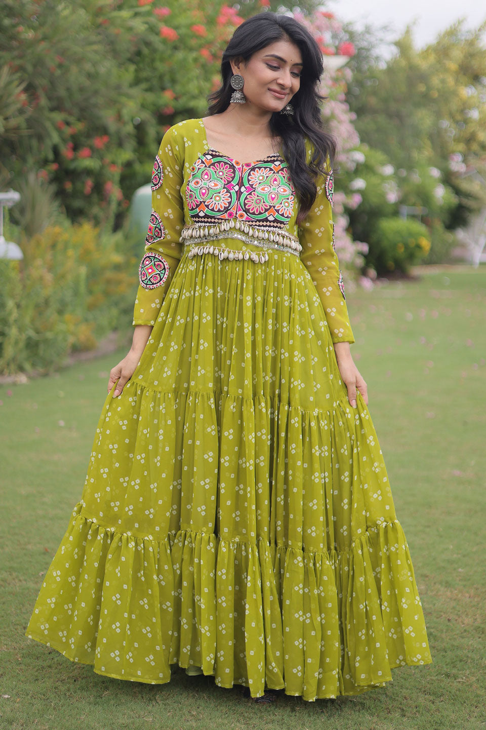 Trendy Green Color Navratri Special Georgette Gown