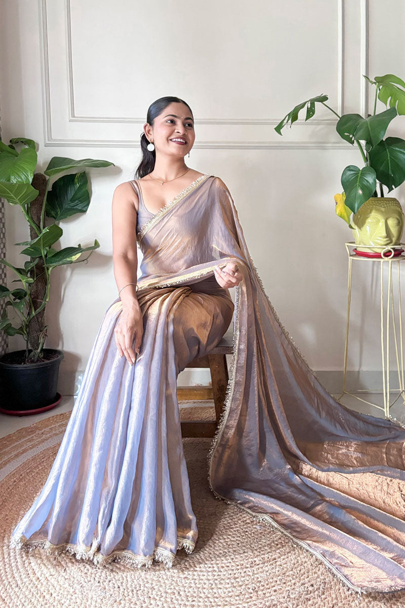Blazing Grey Sequince Lace Two Tone Satin Saree | Buy Online India