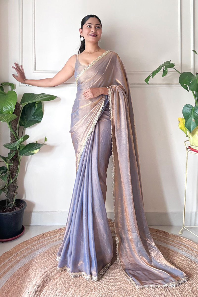 Blazing Grey Sequince Lace Two Tone Satin Saree | Buy Online India