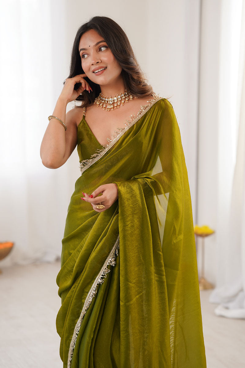 Olive Color Sequince Lace Glamorous Satin Two Tone Saree | Buy Online India