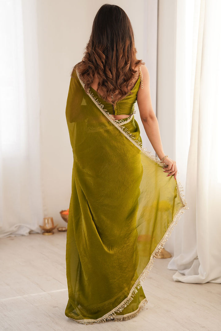 Olive Color Sequince Lace Glamorous Satin Two Tone Saree | Buy Online India