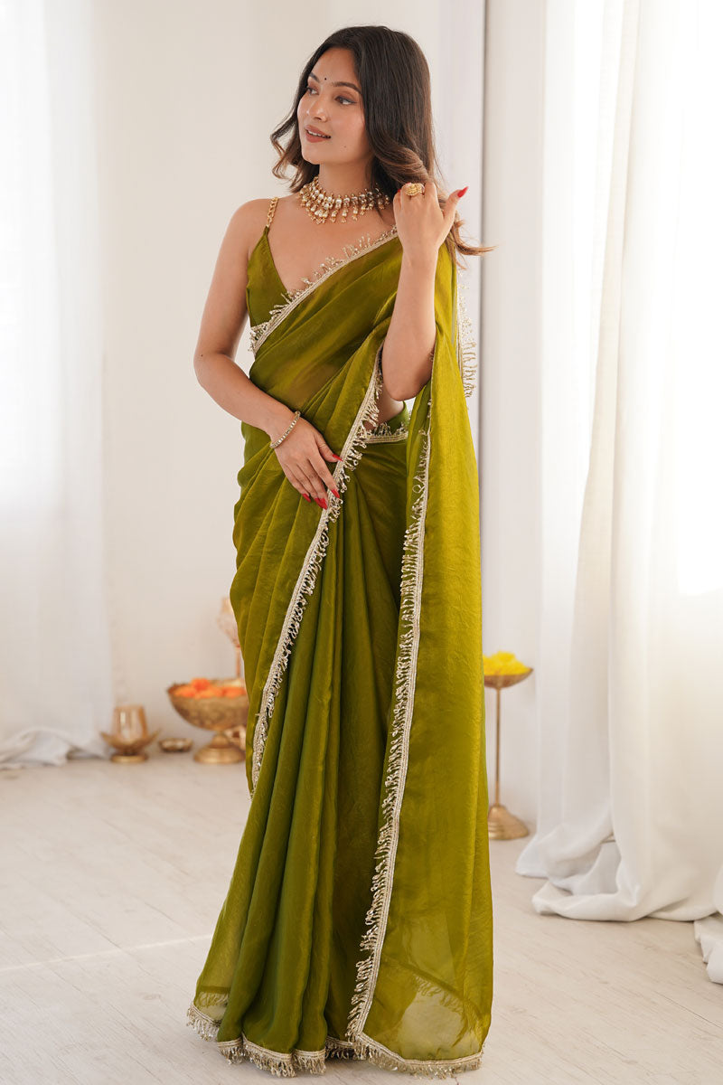 Olive Color Sequince Lace Glamorous Satin Two Tone Saree | Buy Online India