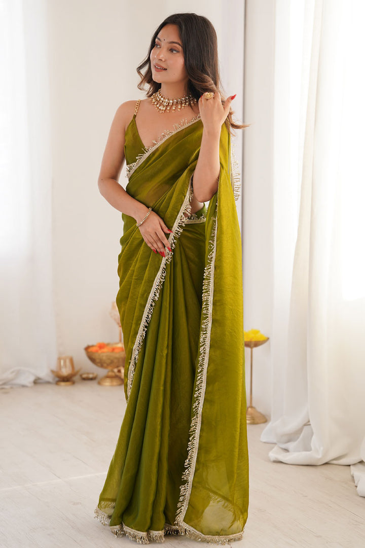 Olive Color Sequince Lace Glamorous Satin Two Tone Saree | Buy Online India