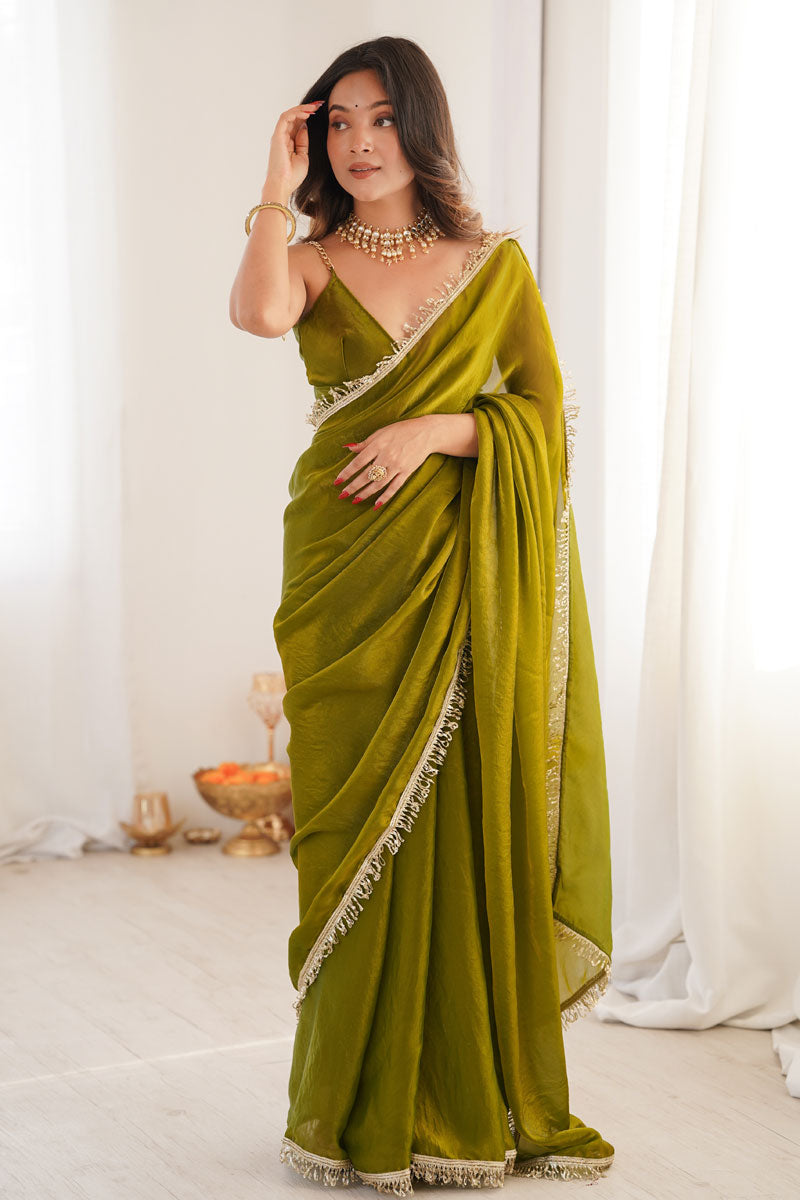 Olive Color Sequince Lace Glamorous Satin Two Tone Saree | Buy Online India