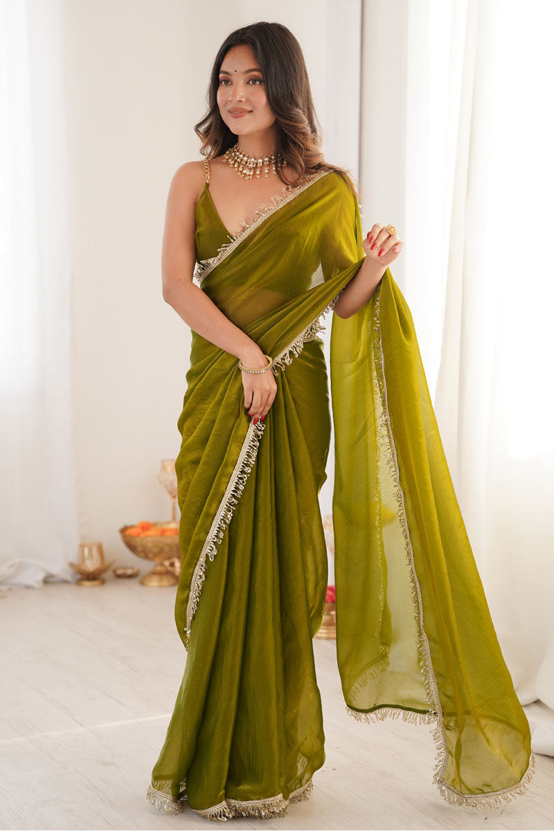 Olive Color Sequince Lace Glamorous Satin Two Tone Saree | Buy Online India
