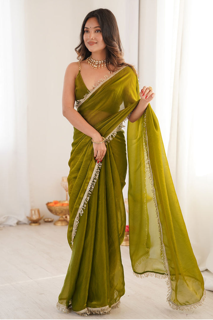 Olive Color Sequince Lace Glamorous Satin Two Tone Saree | Buy Online India