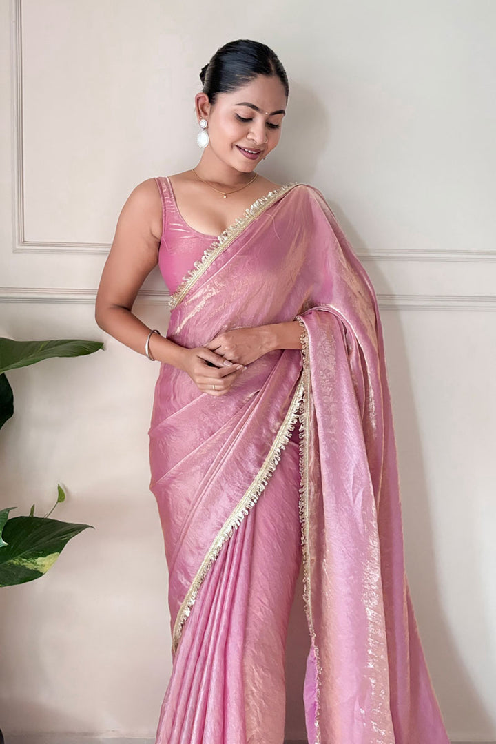 Pink Color Sequince Lace Two Tone Satin Two Tone Saree | Buy Online India