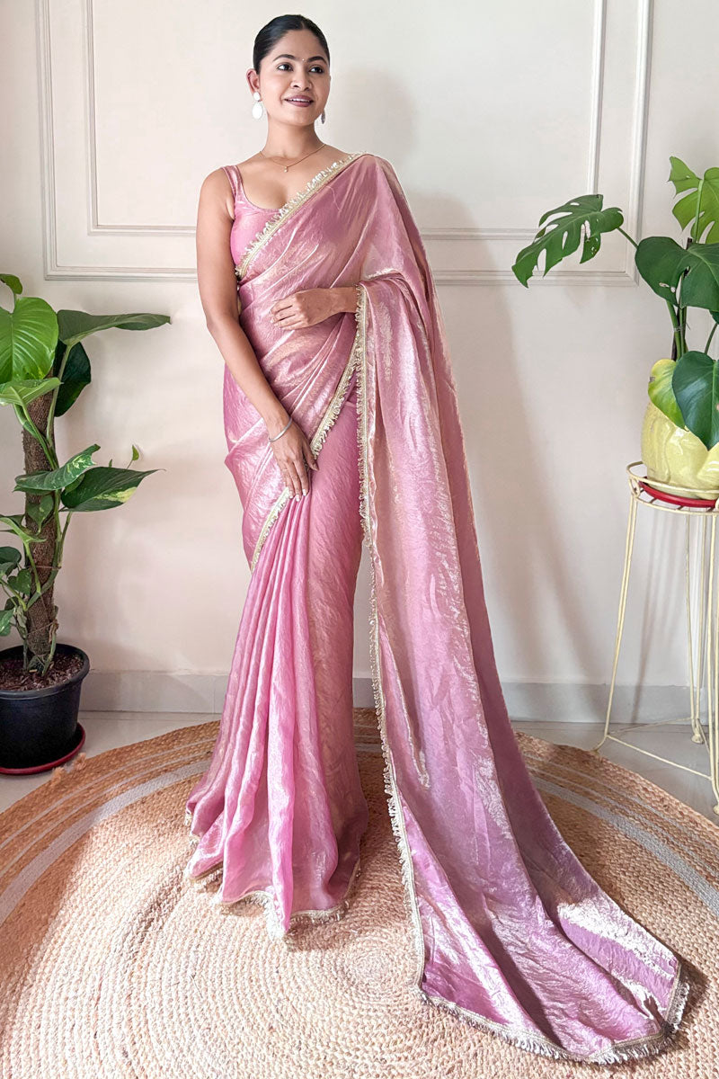 Pink Color Sequince Lace Two Tone Satin Two Tone Saree | Buy Online India