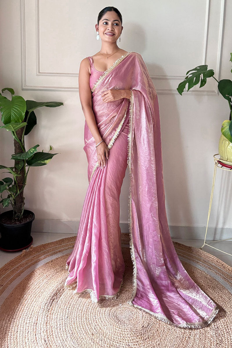 Pink Color Sequince Lace Two Tone Satin Two Tone Saree | Buy Online India