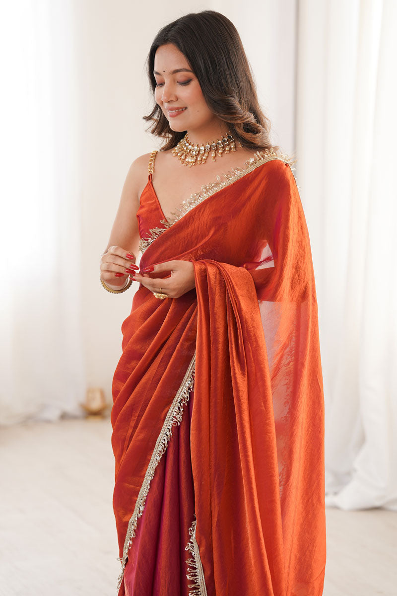 Sequince Lace Attractive Two Tone Satin Saree In Orange Color | Buy Online India