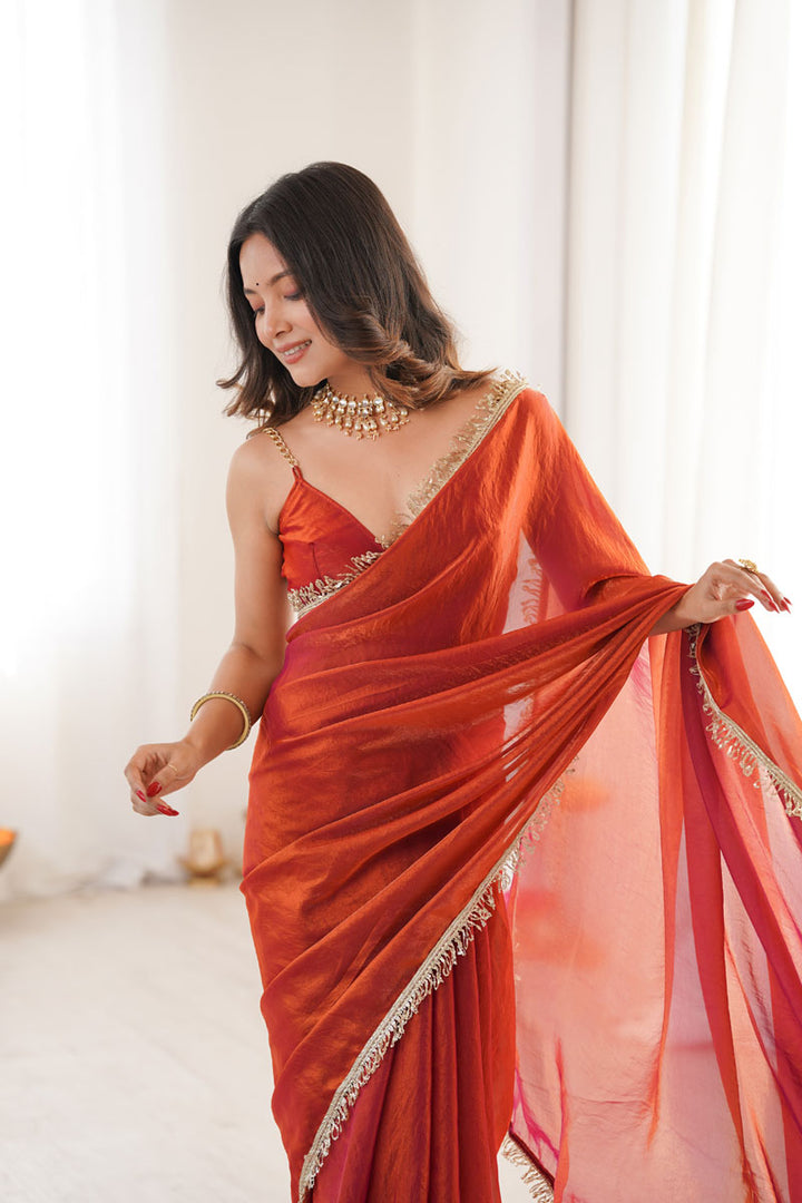 Sequince Lace Attractive Two Tone Satin Saree In Orange Color | Buy Online India